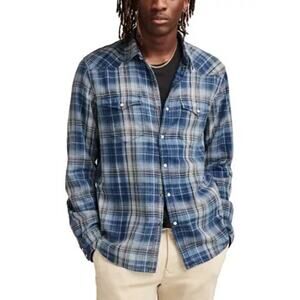 Lucky Brand men’s Plaid pearl snap Western Shirt flannel blue small